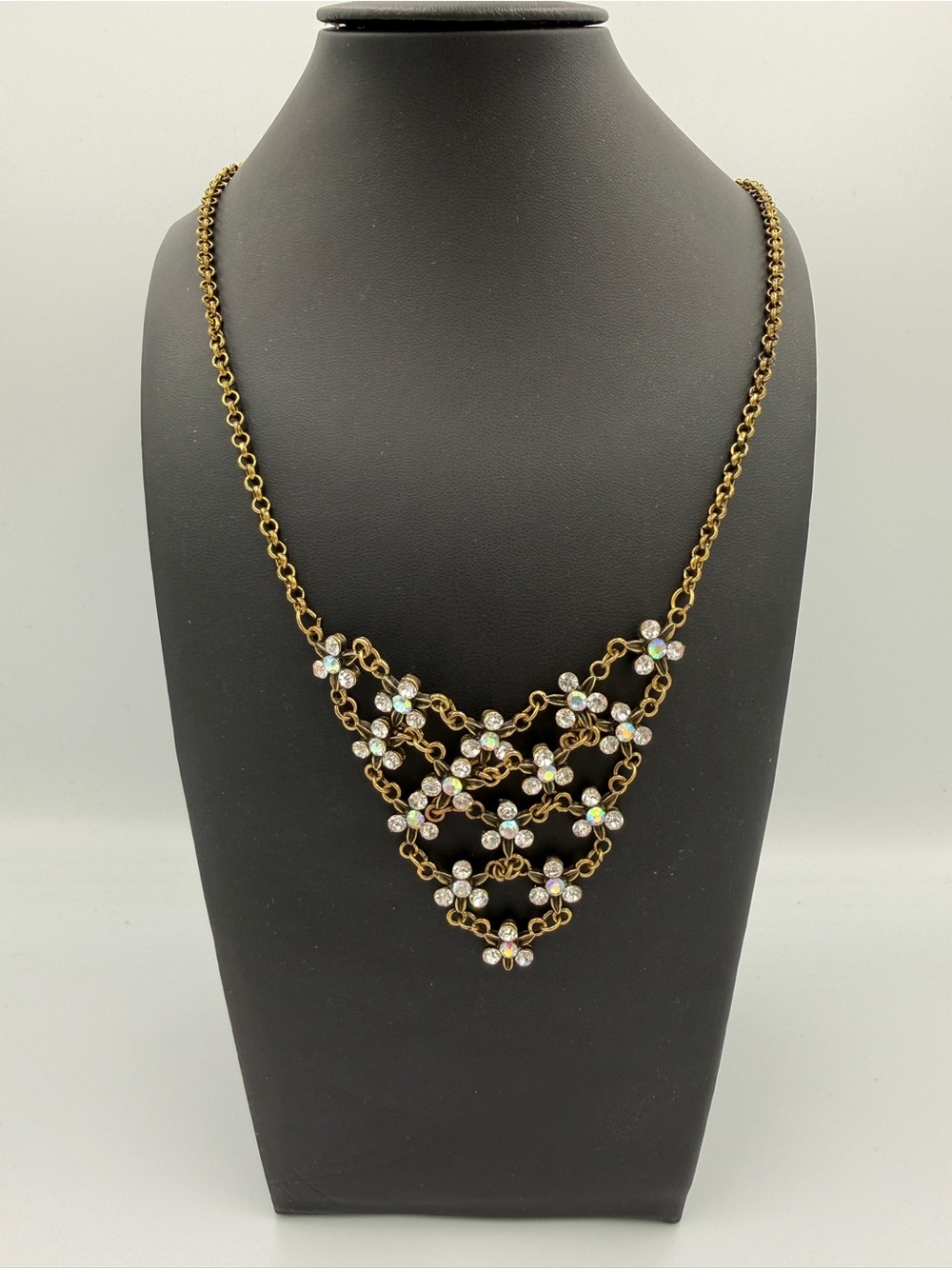 Gold Floral Crystal Bib Necklace - Sparkling Gold Tone